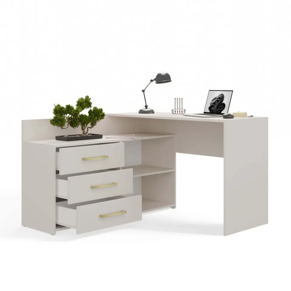 Scrivania angolare moderna con 3 cassetti beige cashmere SCT7