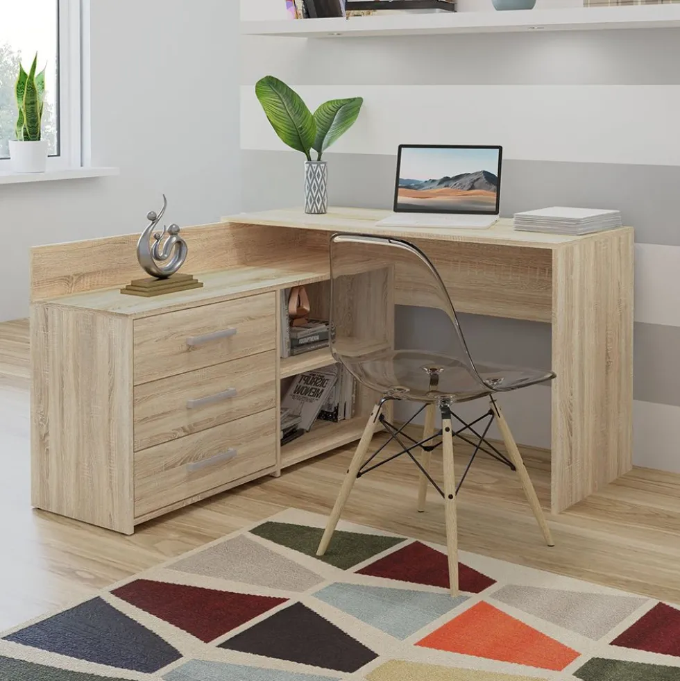 Scrivania angolare moderna con 3 cassetti rovere chiaro SCT7