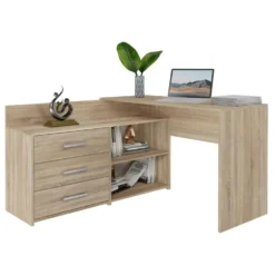 Scrivania angolare moderna con 3 cassetti rovere chiaro SCT7