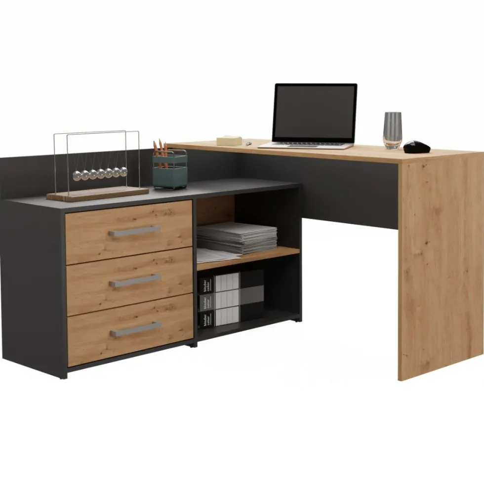 Scrivania angolare moderna con 3 cassetti rovere e antracite SCT7