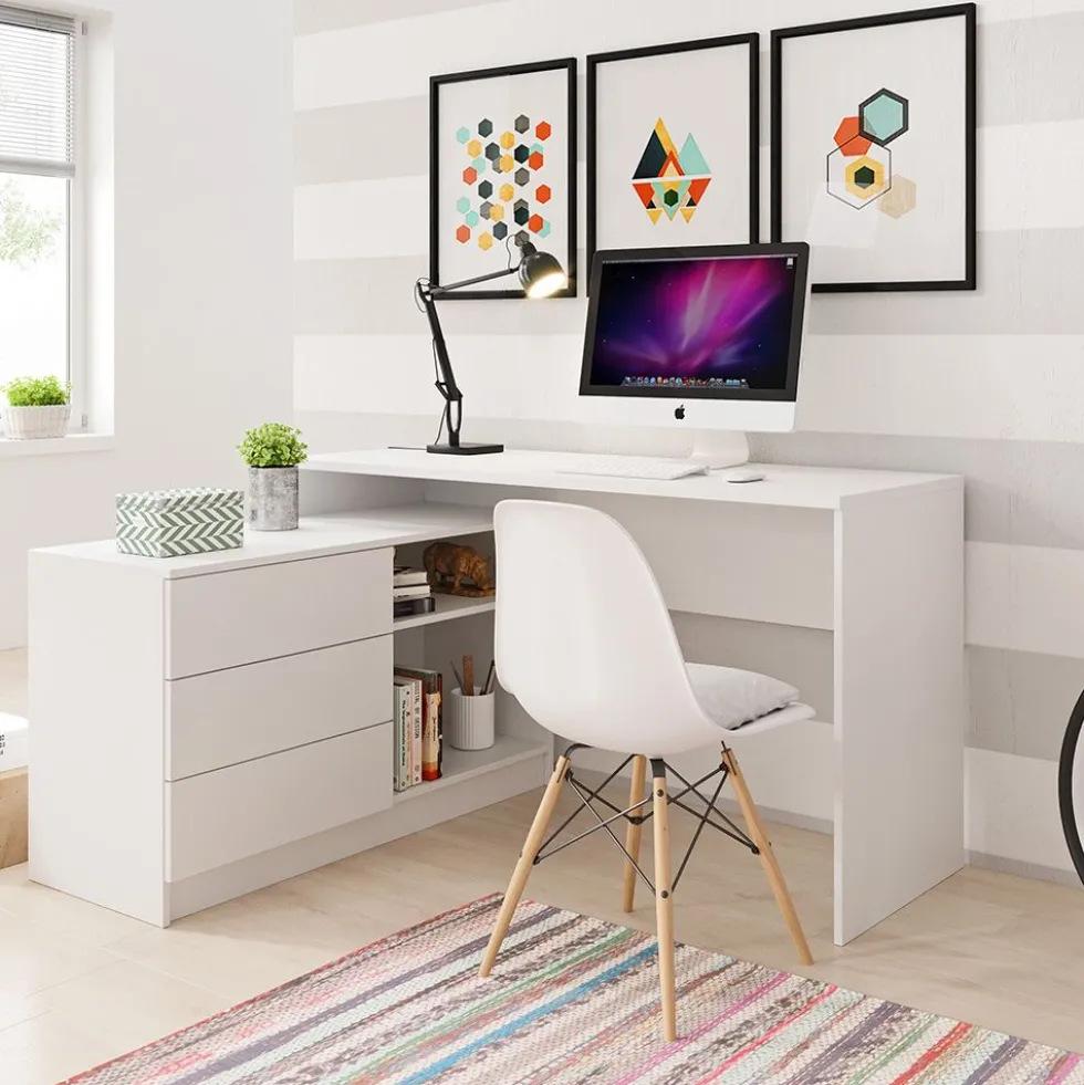 Scrivania angolare 138x76cm con 3 cassetti e 2 ripiani bianca SCLK5