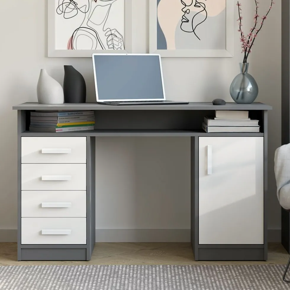 Scrivania moderna 125x75 cm con 4 cassetti e anta bianco e antracite SCT9