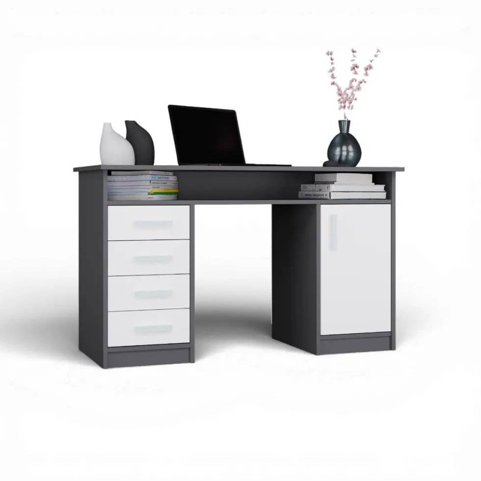 Scrivania moderna 125x75 cm con 4 cassetti e anta bianco e antracite SCT9