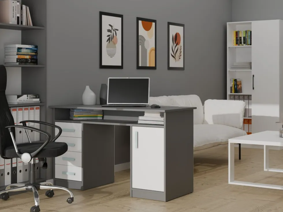 Scrivania moderna 125x75 cm con 4 cassetti e anta bianco e antracite SCT9