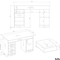 Scrivania moderna 125x75 cm con 4 cassetti e anta rovere e antracite SCT9