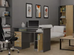 Scrivania moderna 125x75 cm con 4 cassetti e anta rovere e antracite SCT9