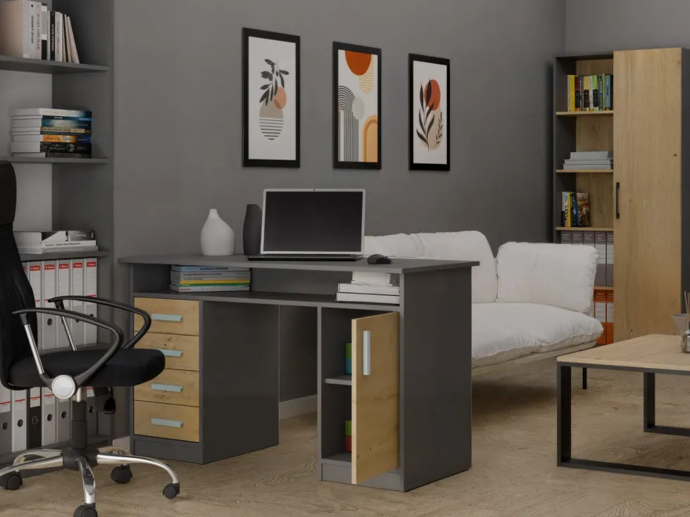 Scrivania moderna 125x75 cm con 4 cassetti e anta rovere e antracite SCT9