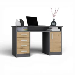 Scrivania moderna 125x75 cm con 4 cassetti e anta rovere e antracite SCT9