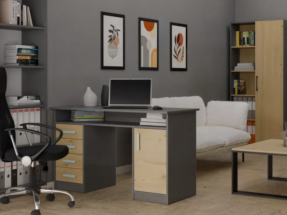 Scrivania moderna 125x75 cm con 4 cassetti e anta rovere e antracite SCT9
