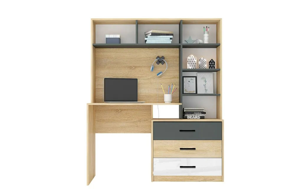 Scrivania per cameretta con libreria in rovere chiaro, bianco lucido e grigio antracite SCG7