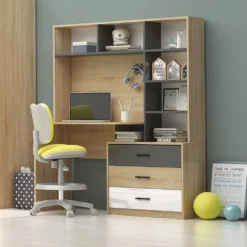 Scrivania per cameretta con libreria in rovere chiaro, bianco lucido e grigio antracite SCG7