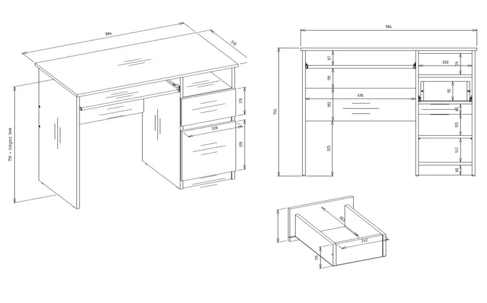 Scrivania piccola 98,5 cm con anta e cassetto rovere e bianco SCT11
