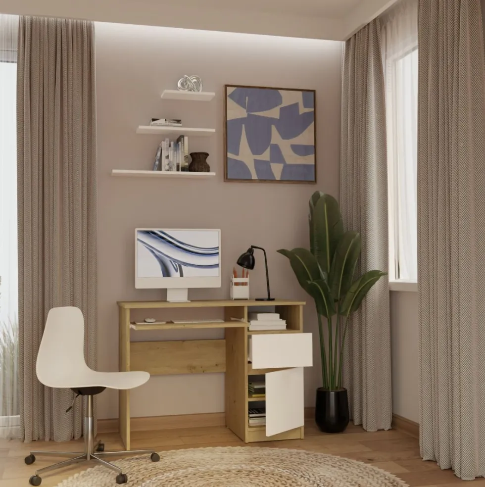 Scrivania piccola 98,5 cm con anta e cassetto rovere e bianco SCT11