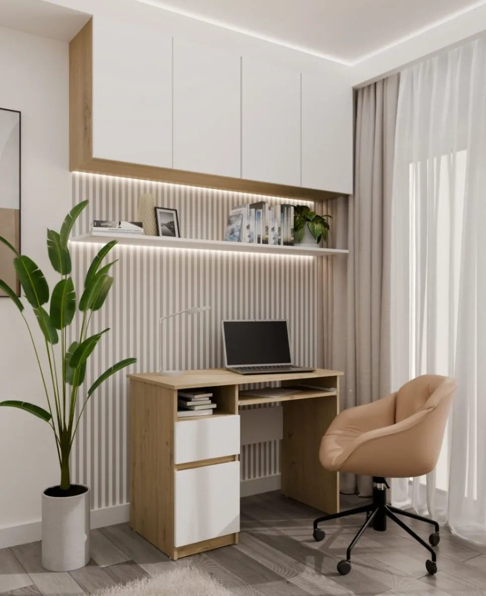 Scrivania piccola 98,5 cm con anta e cassetto rovere e bianco SCT11