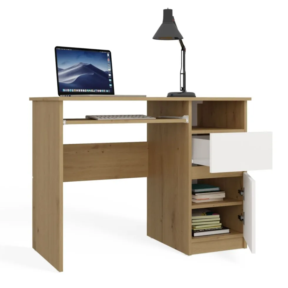Scrivania piccola 98,5 cm con anta e cassetto rovere e bianco SCT11