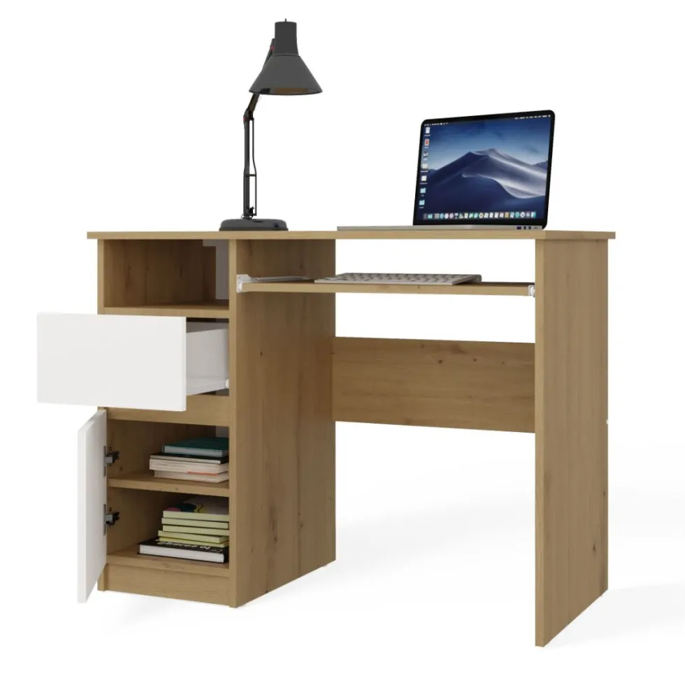 Scrivania piccola 98,5 cm con anta e cassetto rovere e bianco SCT11