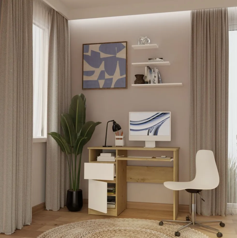 Scrivania piccola 98,5 cm con anta e cassetto rovere e bianco SCT11