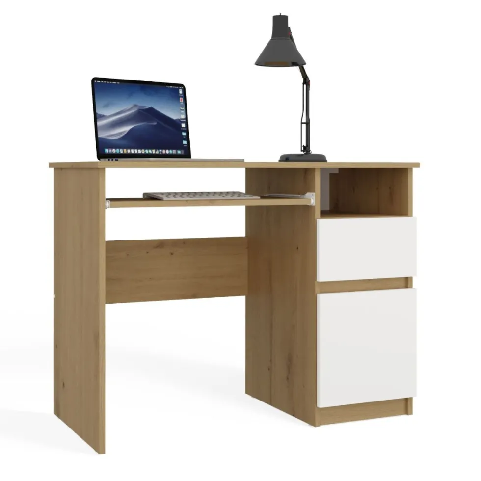 Scrivania piccola 98,5 cm con anta e cassetto rovere e bianco SCT11