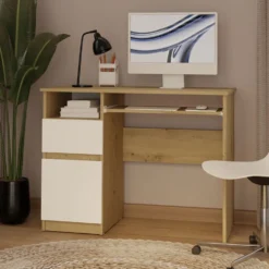 Scrivania piccola 98,5 cm con anta e cassetto rovere e bianco SCT11