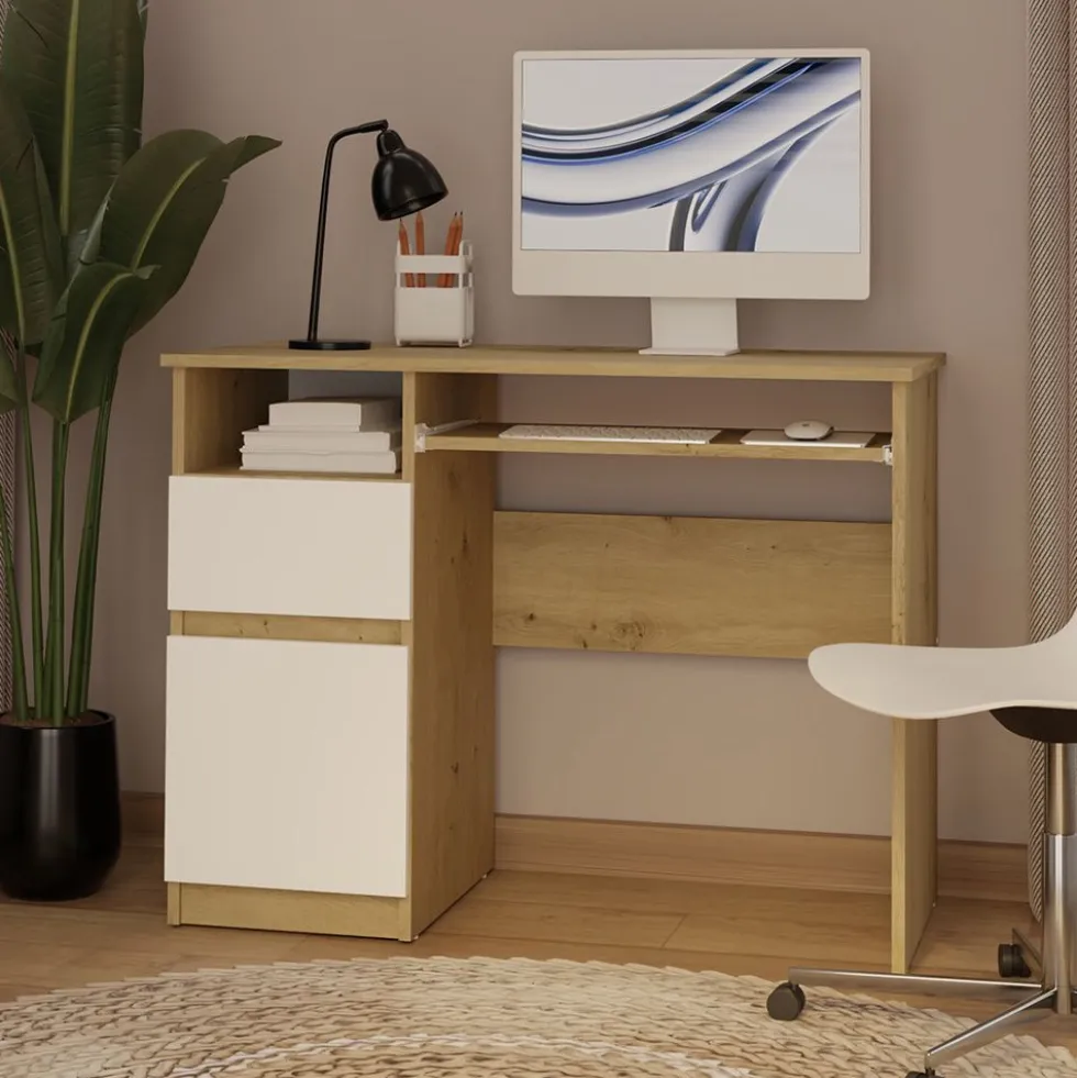 Scrivania piccola 98,5 cm con anta e cassetto rovere e bianco SCT11