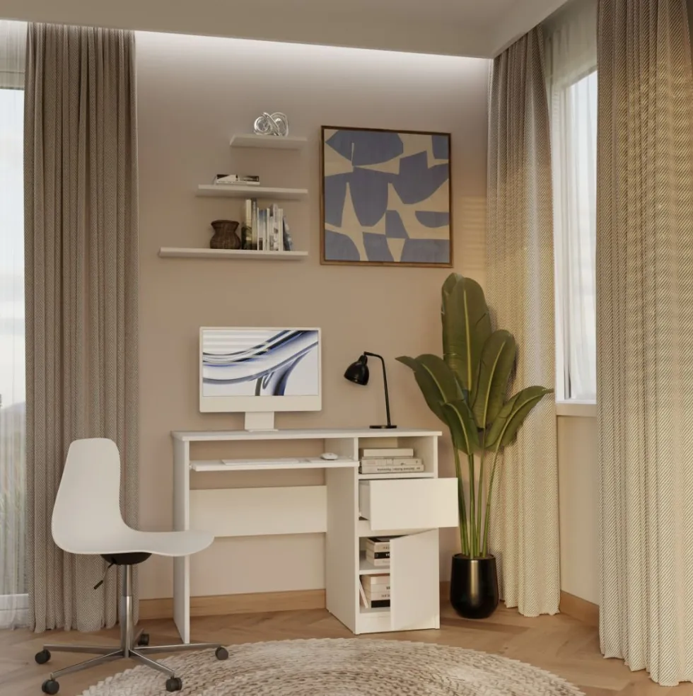 Scrivania piccola 98,5 cm con anta e cassetto bianco SCT11