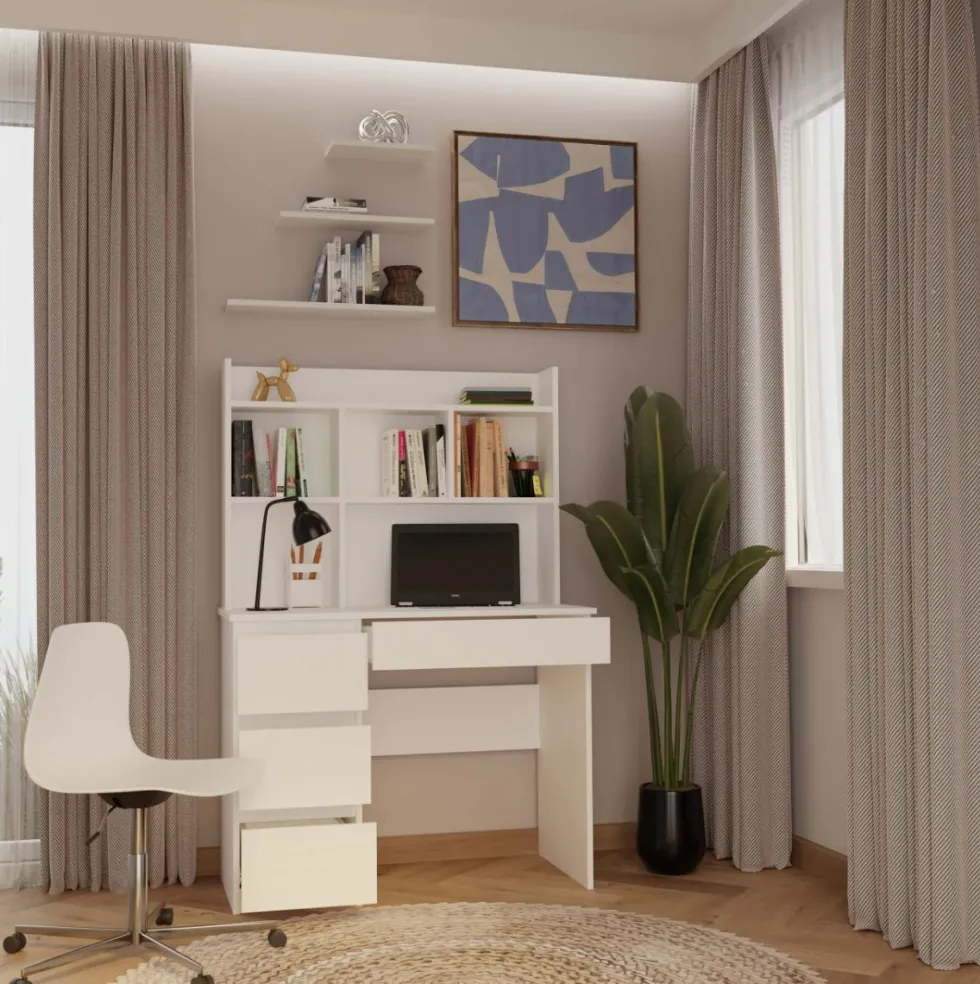 Scrivania salvaspazio moderna 98 cm con libreria bianco opaco SCT15