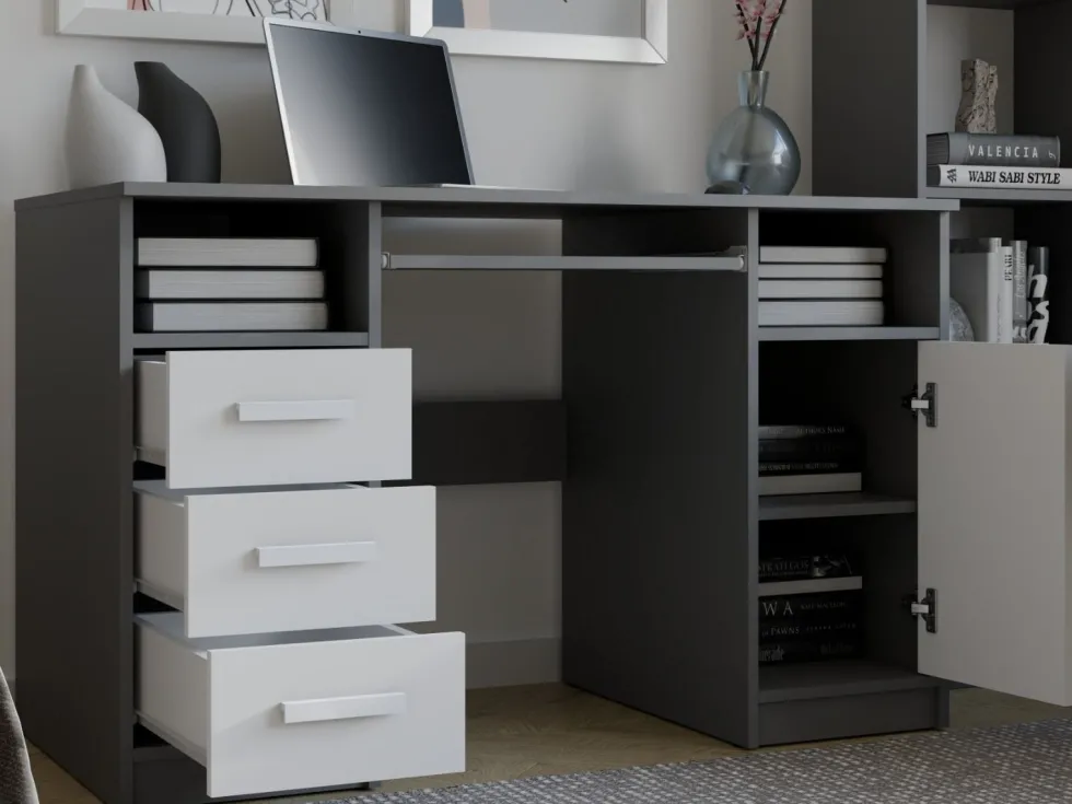Scrivania salvaspazio 120x75 cm con ante e cassetti bianco e antracite SCT10