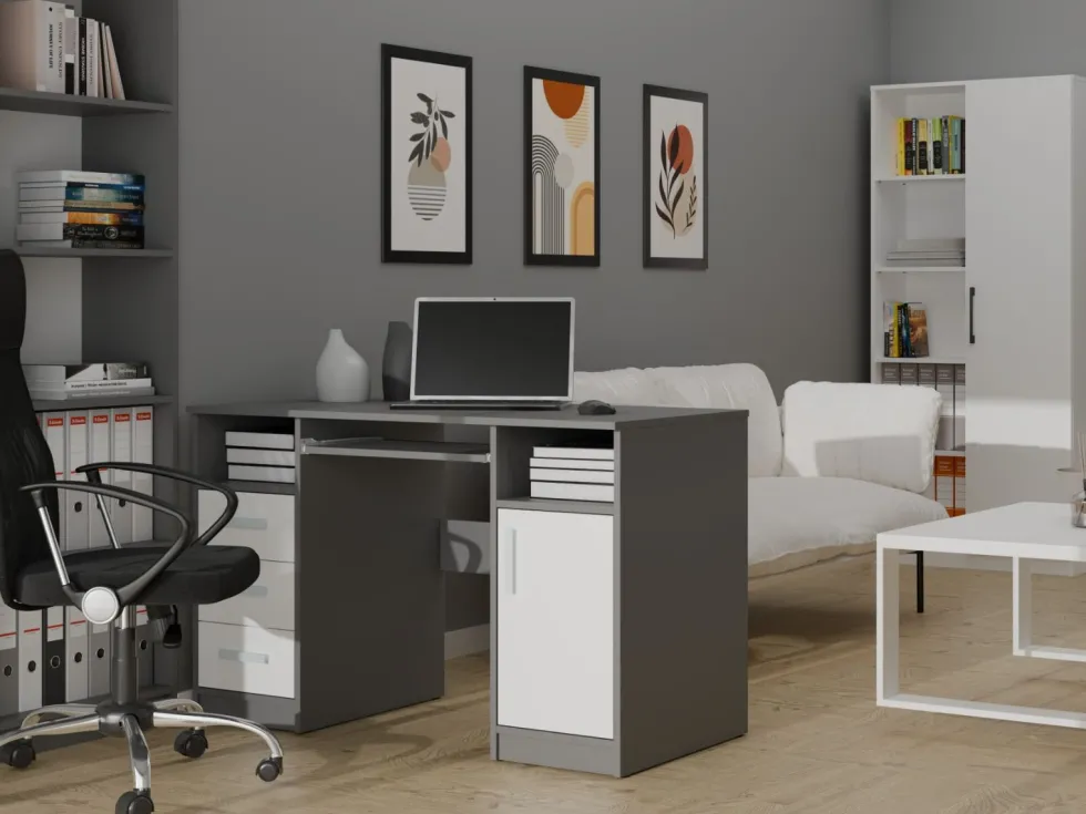 Scrivania salvaspazio 120x75 cm con ante e cassetti bianco e antracite SCT10