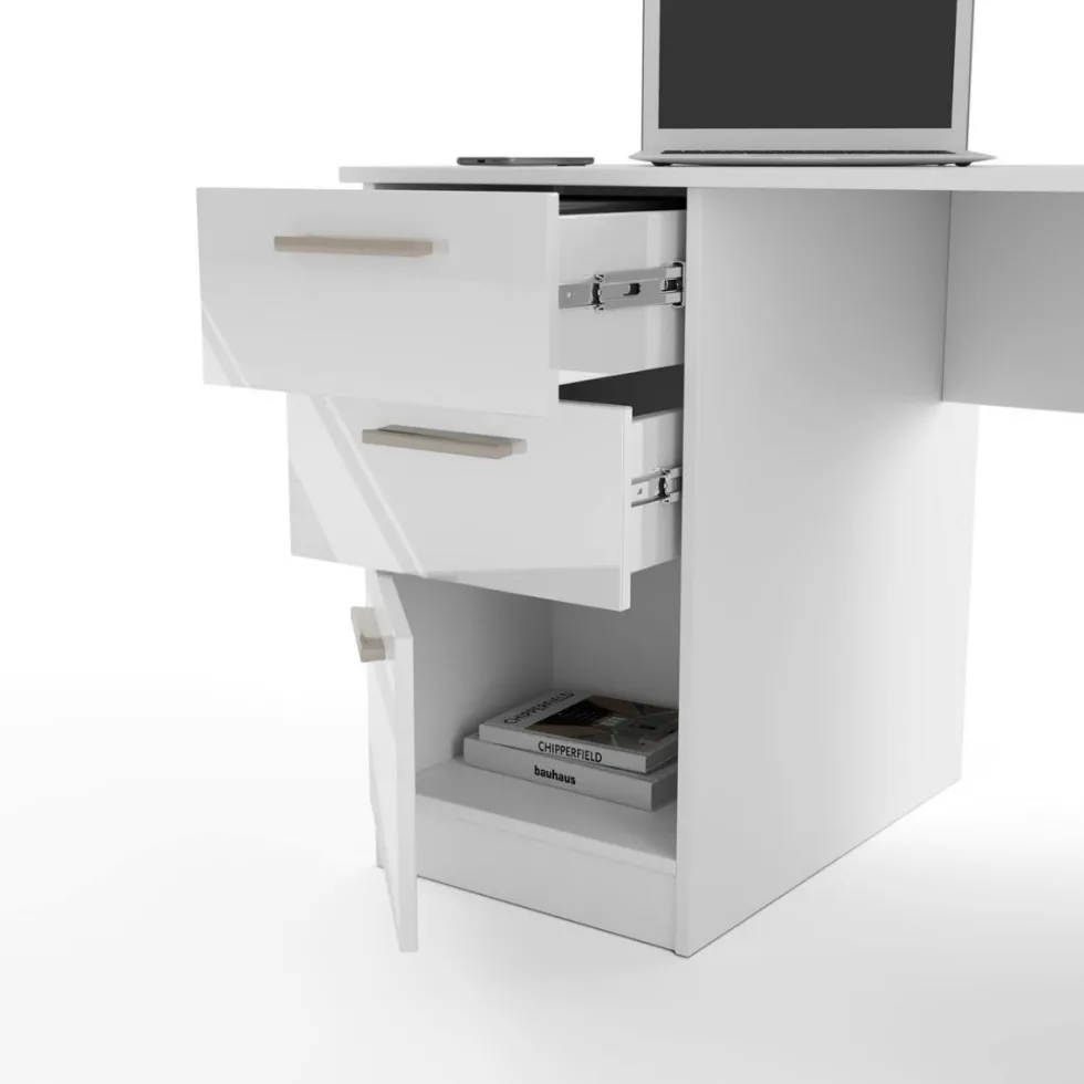 Scrivania 138x75 cm bianco opaco/ bianco lucido con 2 ante e 4 cassetti SCI26