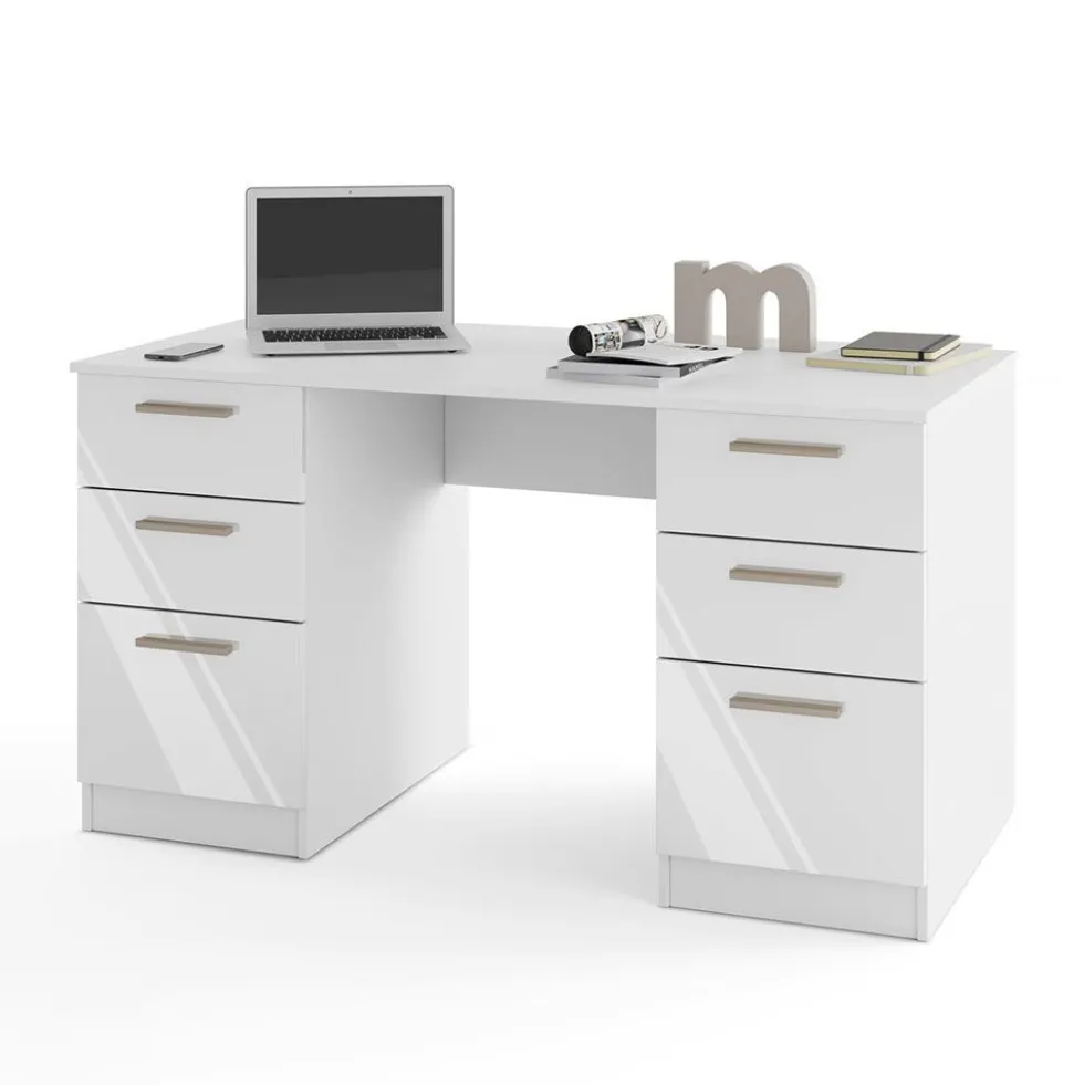 Scrivania 138x75 cm bianco opaco/ bianco lucido con 2 ante e 4 cassetti SCI26