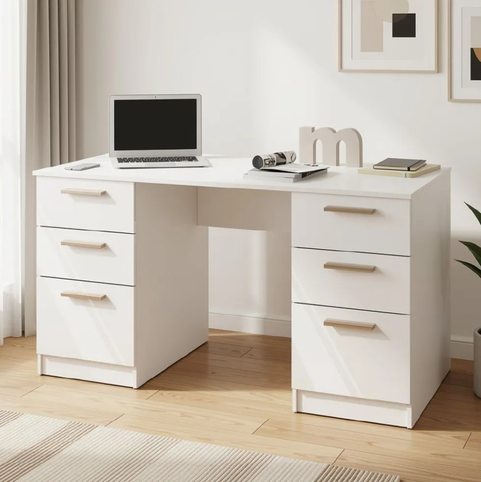 Scrivania 138x75 cm bianco opaco/ bianco lucido con 2 ante e 4 cassetti SCI26