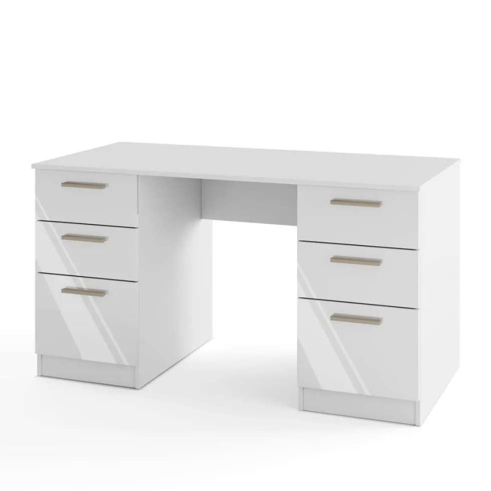 Scrivania 138x75 cm bianco opaco/ bianco lucido con 2 ante e 4 cassetti SCI26