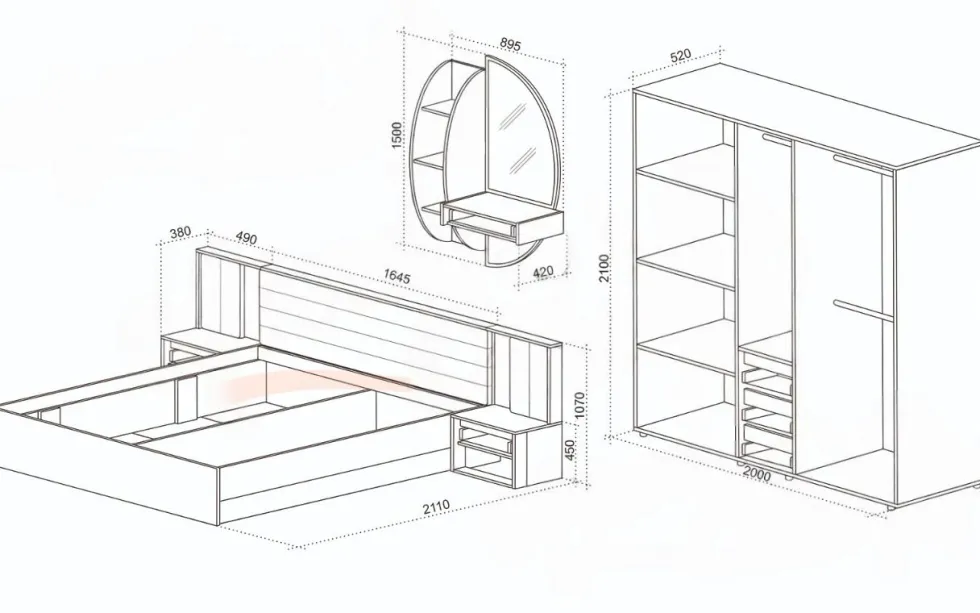Set di mobili per camera matrimoniale con letto contenitore 160x200, LED, Grafite e Rovere CDLU41