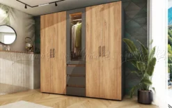 Set di mobili per camera matrimoniale con letto contenitore 160x200, LED, Grafite e Rovere CDLU41