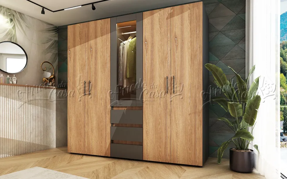 Set di mobili per camera matrimoniale con letto contenitore 160x200, LED, Grafite e Rovere CDLU41