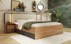 Set di mobili per camera matrimoniale con letto contenitore 160x200, LED, Grafite e Rovere CDLU41
