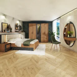 Set di mobili per camera matrimoniale con letto contenitore 160x200, LED, Grafite e Rovere CDLU41