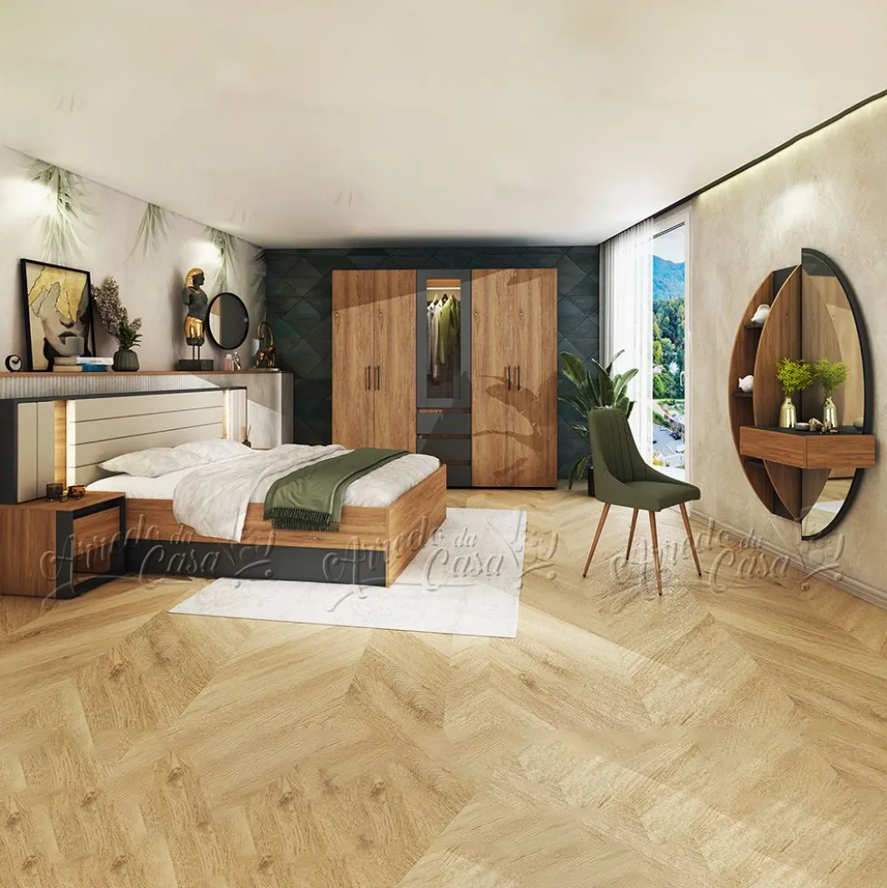 Set di mobili per camera matrimoniale con letto contenitore 160x200, LED, Grafite e Rovere CDLU41