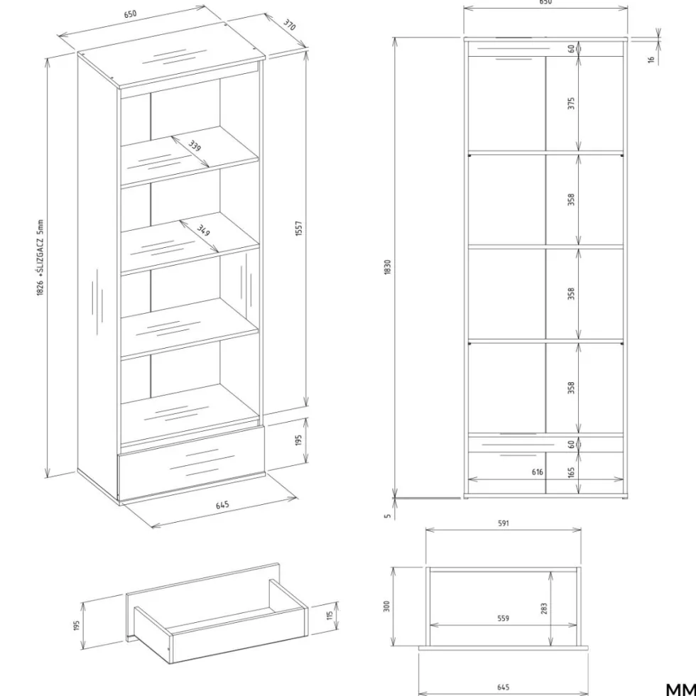 Set 3 Librerie Moderne 65x183x37 cm con cassetti bianco opaco LBT26