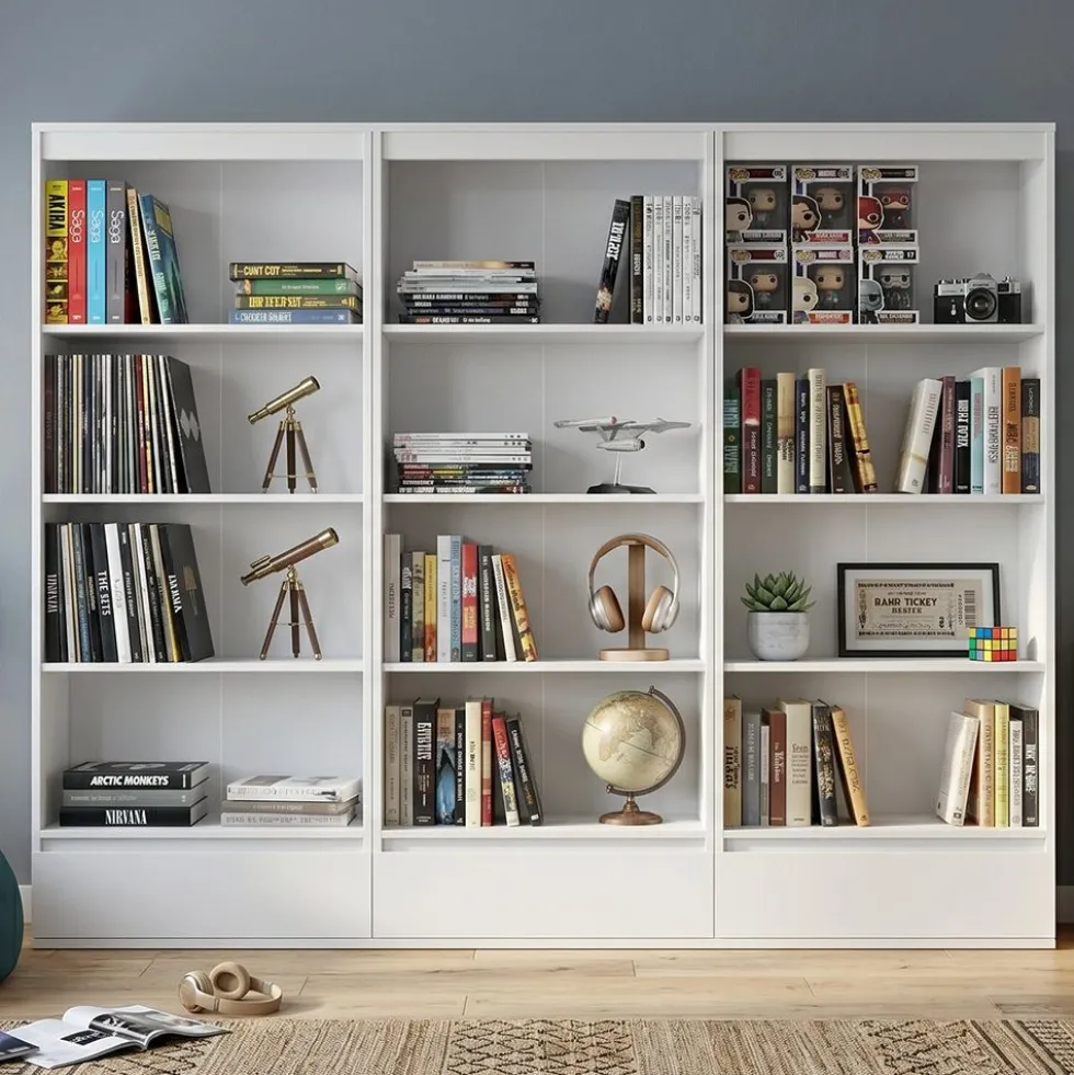 Set 3 Librerie Moderne 65x183x37 cm con cassetti bianco opaco LBT26