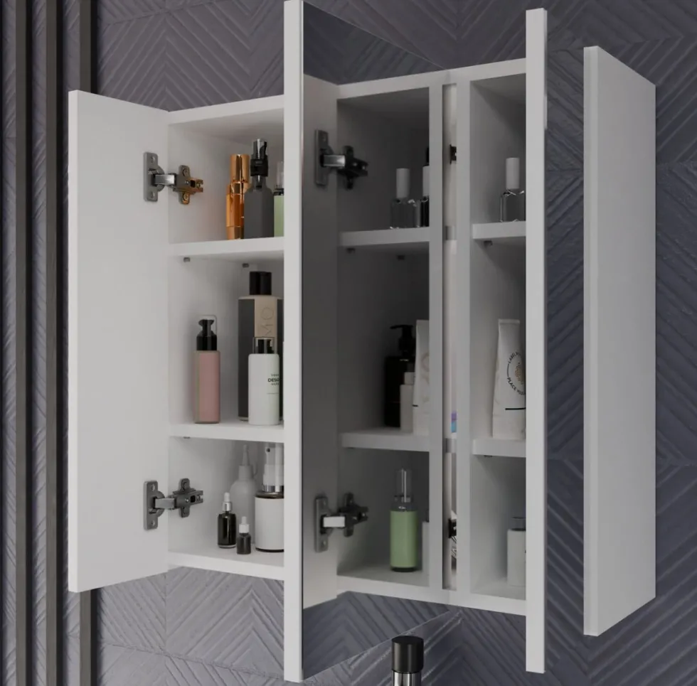 Specchio contenitore da bagno 60x60 cm con 3 ante con 6 ripiani bianco SPT2