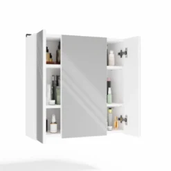 Specchio contenitore da bagno 60x60 cm con 3 ante con 6 ripiani bianco SPT2