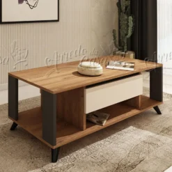 Tavolino da salotto con cassetto, 110x53,5x60 cm in rovere, grafite e beige TU7