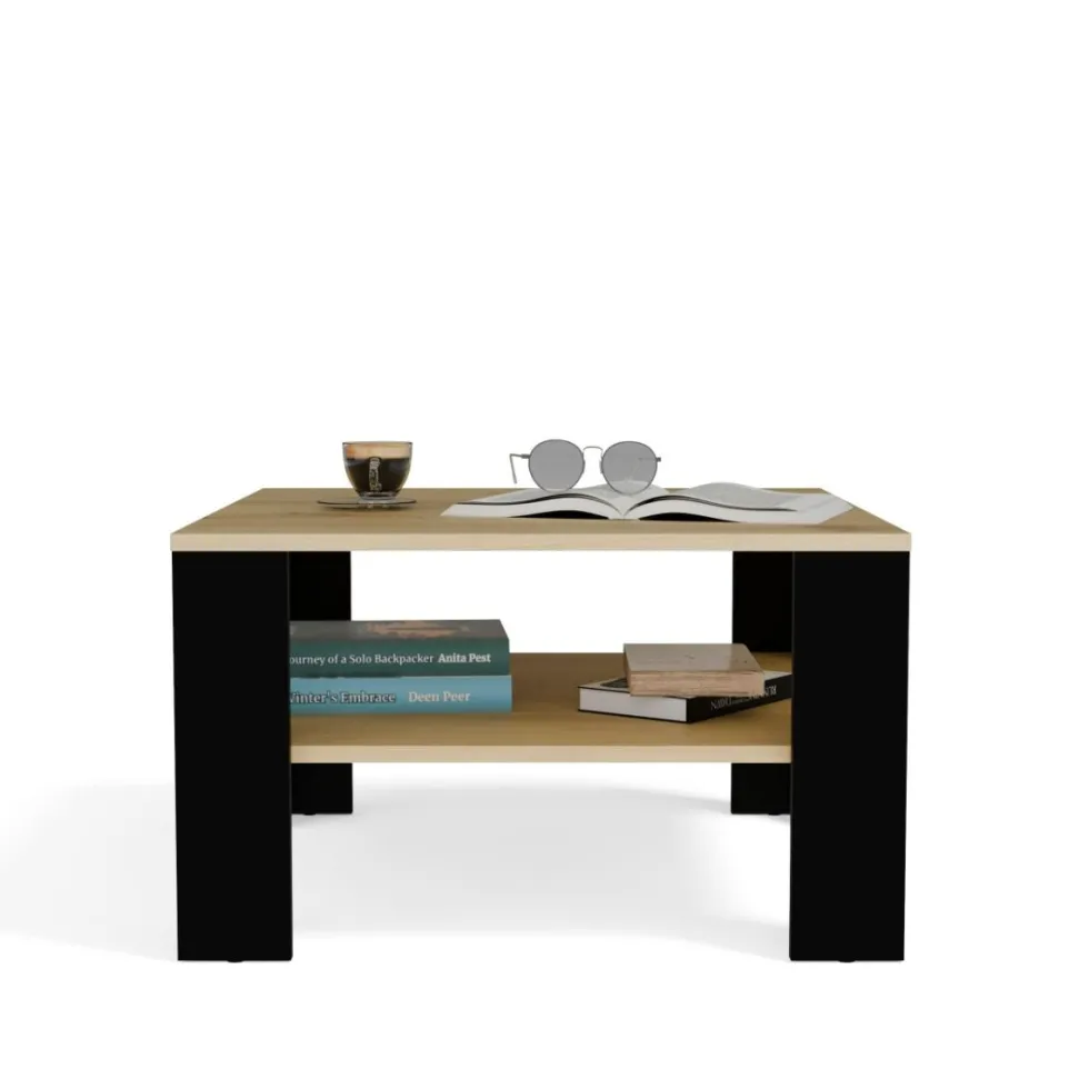 Tavolino da salotto moderno basso 68x68x40 rovere e nero TST17