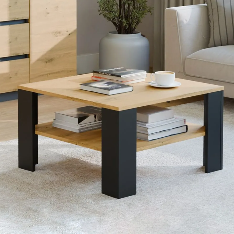 Tavolino da salotto moderno basso 68x68x40 rovere e nero TST17