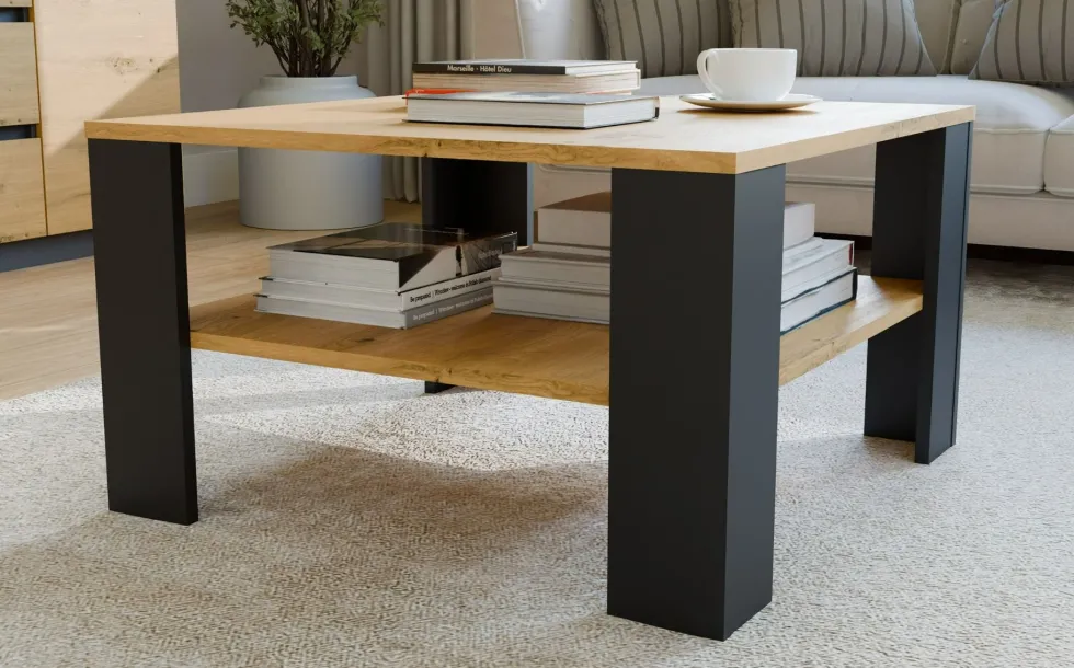 Tavolino da salotto moderno basso 68x68x40 rovere e nero TST17