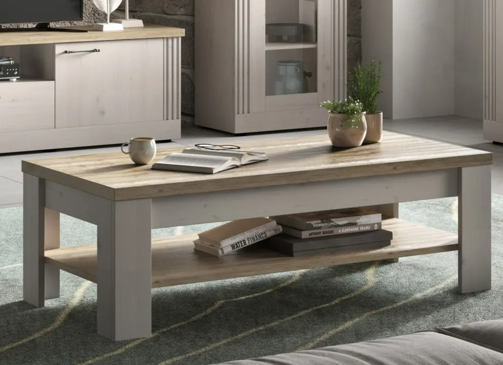 Tavolino da salotto moderno 110x68 cm bianco effetto legno e rovere TSL11