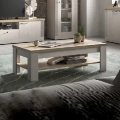 Tavolino da salotto moderno 110x68 cm bianco effetto legno e rovere TSL11