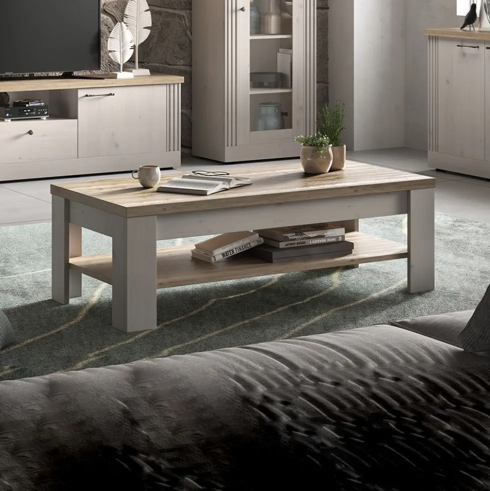 Tavolino da salotto moderno 110x68 cm bianco effetto legno e rovere TSL11