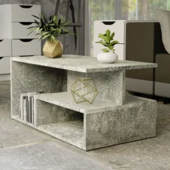 Tavolino da salotto moderno 91x51x43 cm con vani a giorno cemento TST4